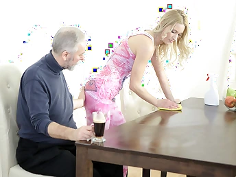 Old goes young chap makes Polina want him at fault by sucking her tits